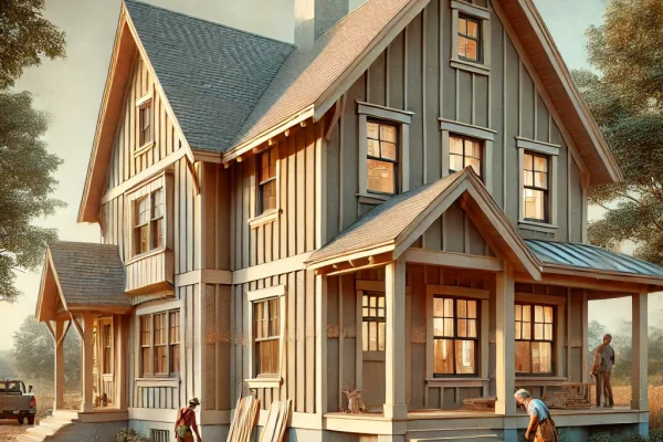 DALL·E 2025-01-29 17.07.20 - A nearly completed SIP (Structural Insulated Panel) house with a traditional design. The house features a pitched roof, classic wooden siding, and mod